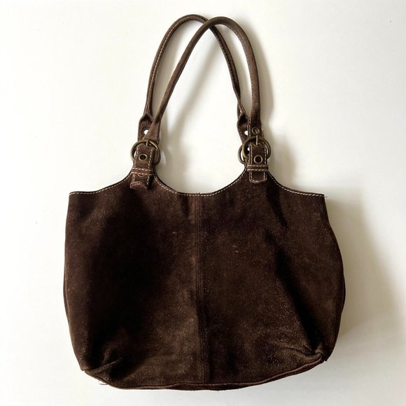 Vintage 90s Brown Suede Slouchy Hobo Grommet Leather Shoulder Bag Purse - Picture 7 of 7